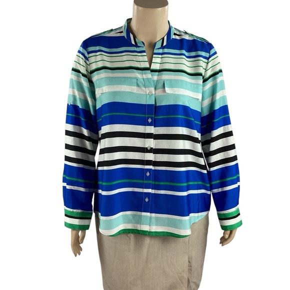 Calvin Klein Striped Button Front Roll Tab Shirt Blue Green XL - Picture 1 of 7
